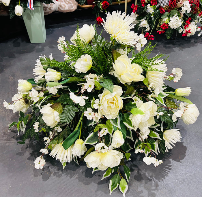 White Mum & Peony with Dogwood Silk Saddle