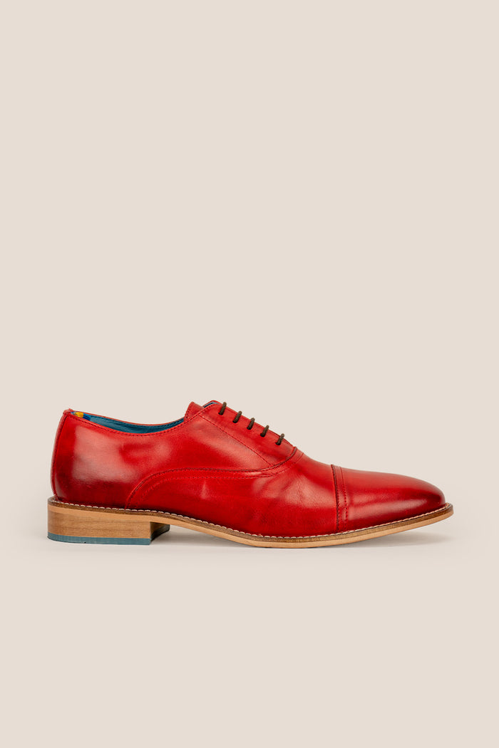 William cherry red leather oxford shoes for men by Oswin Hyde – elegant toecap lace-up design with polished leather and timeless sophistication.