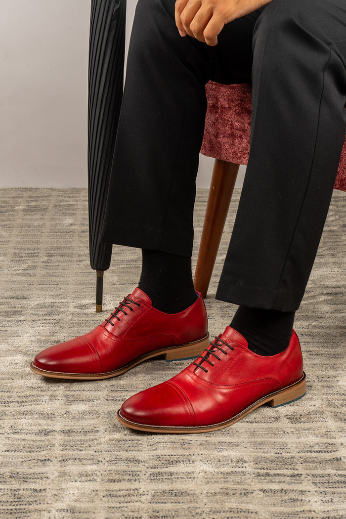 William cherry red leather oxford shoes for men by Oswin Hyde – elegant toecap lace-up design with polished leather and timeless sophistication.
