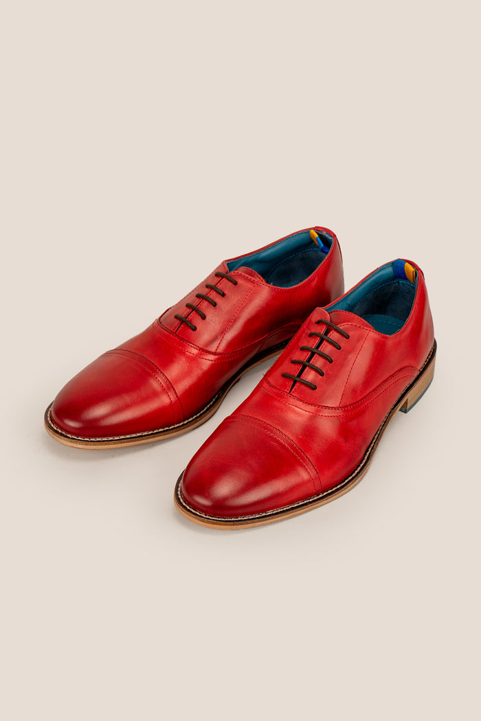 William cherry red leather oxford shoes for men by Oswin Hyde – elegant toecap lace-up design with polished leather and timeless sophistication.