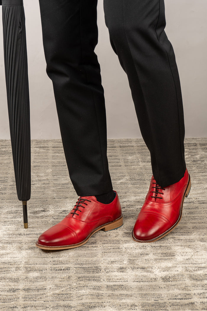 William cherry red leather oxford shoes for men by Oswin Hyde – elegant toecap lace-up design with polished leather and timeless sophistication.