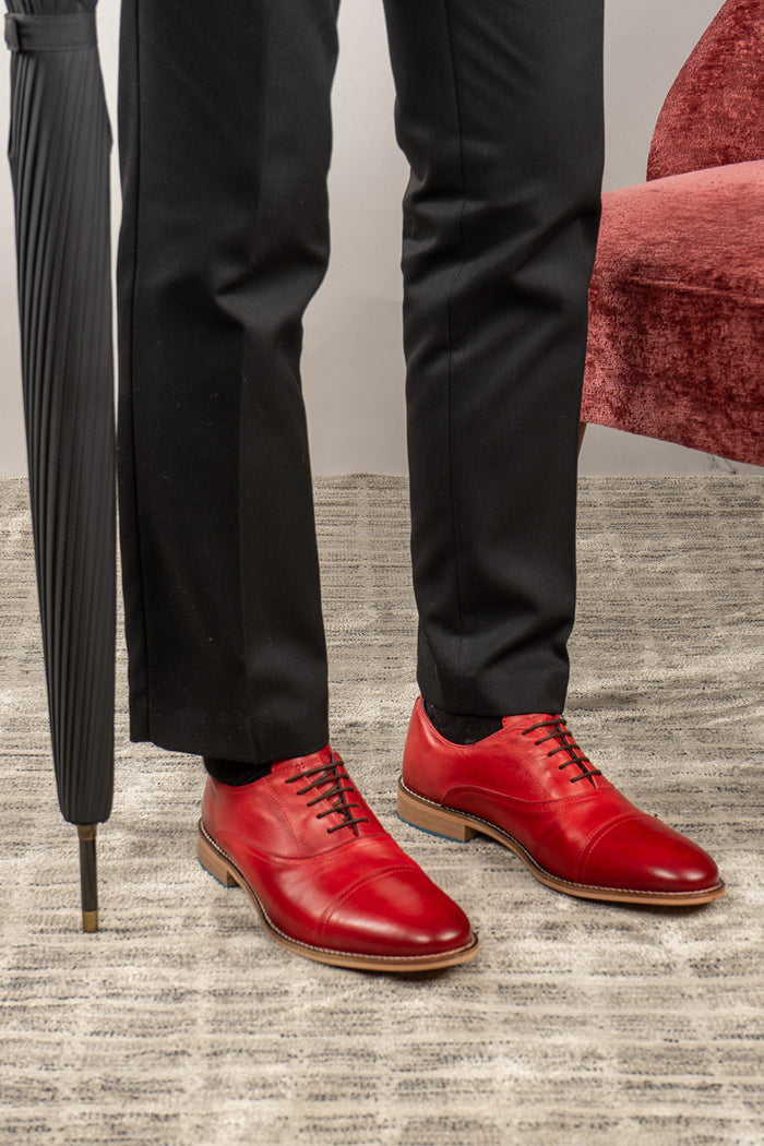William cherry red leather oxford shoes for men by Oswin Hyde – elegant toecap lace-up design with polished leather and timeless sophistication.