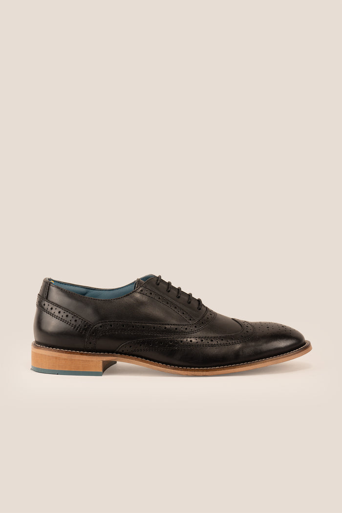 Winston Black Brogue Oxford leather shoes for men with classic perforated detailing and polished finish, ideal for formal and professional occasions.