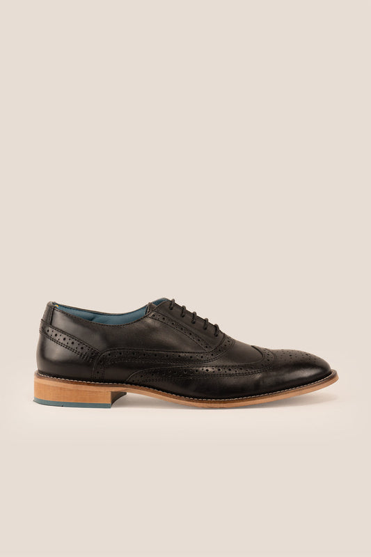 Winston Black Brogue Oxford leather shoes for men with classic perforated detailing and polished finish, ideal for formal and professional occasions.