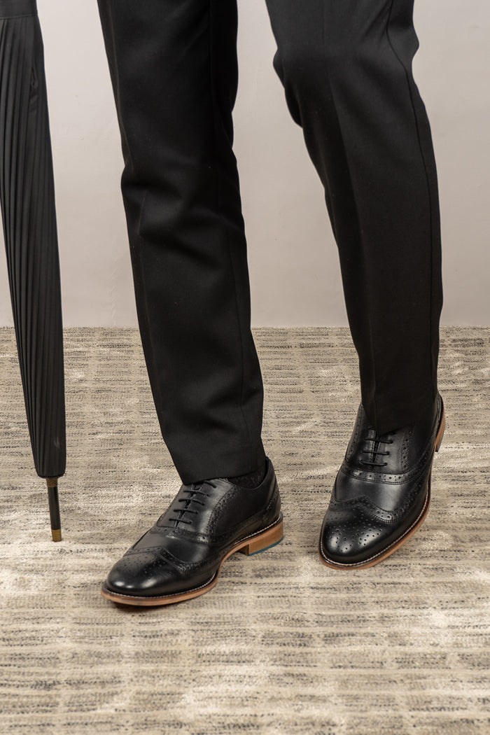 Winston Black Brogue Oxford leather shoes for men with classic perforated detailing and polished finish, ideal for formal and professional occasions.