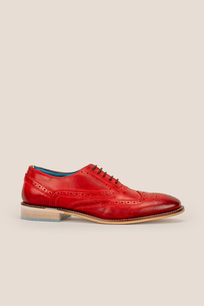 Winston cherry leather Oxford brogues for men featuring wingtip perforations and polished finish, ideal for formal and smart-casual occasions.