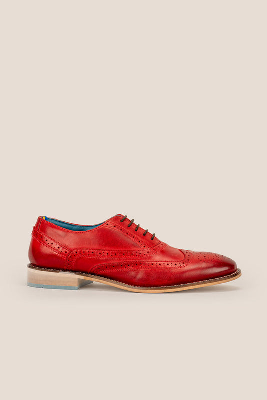 Winston cherry leather Oxford brogues for men featuring wingtip perforations and polished finish, ideal for formal and smart-casual occasions.