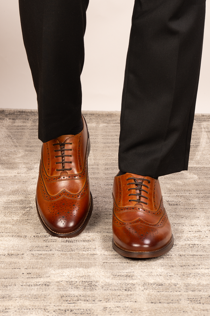Winston tan Oxford brogue leather shoes for men with intricate detailing, crafted from premium leather for weddings, work, and formal occasions.
