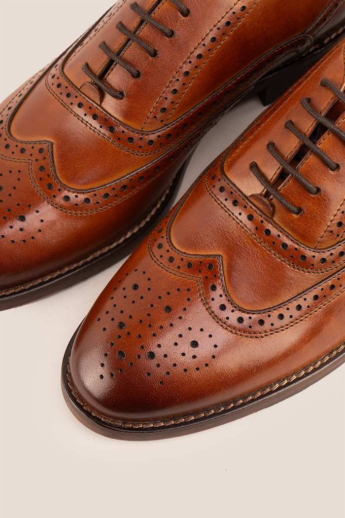 Winston tan Oxford brogue leather shoes for men with intricate detailing, crafted from premium leather for weddings, work, and formal occasions.