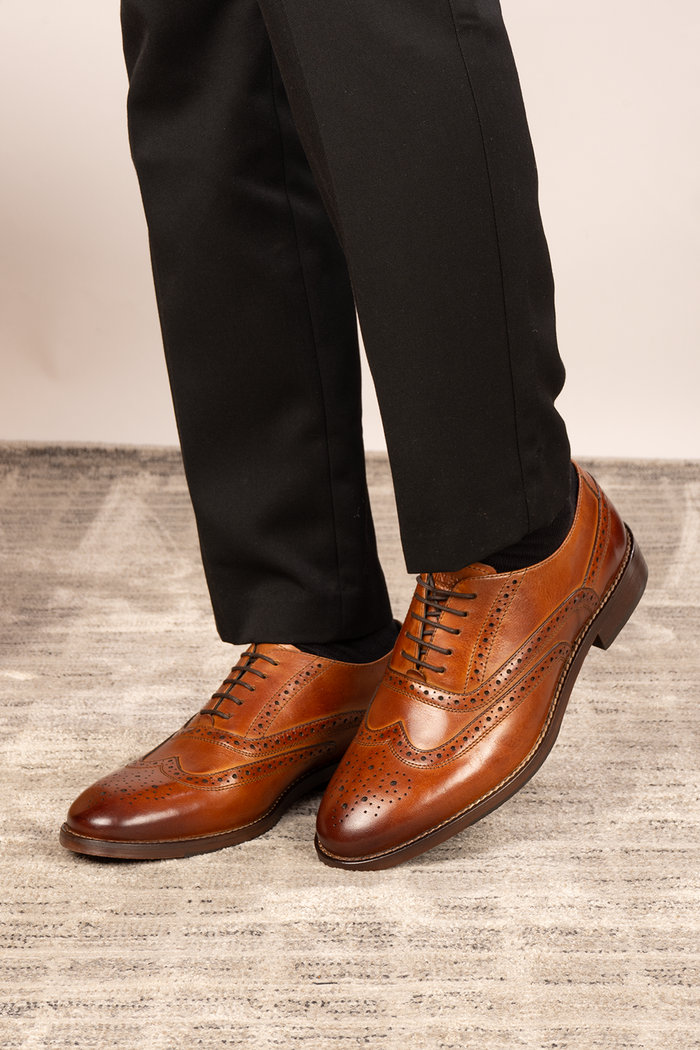 Winston tan Oxford brogue leather shoes for men with intricate detailing, crafted from premium leather for weddings, work, and formal occasions.