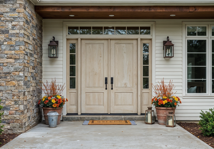 Retique It Wood'n Finish Kit in Sun Bleached for exterior wood surfaces, shown on a double front door with protective top coat.