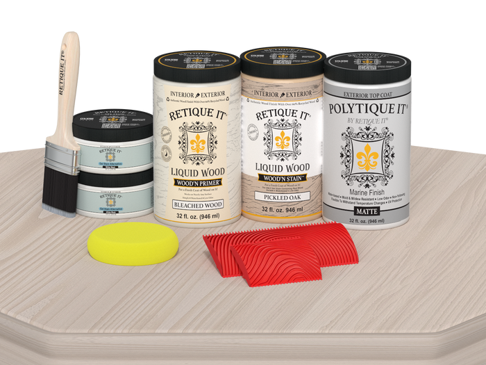 Retique It Wood'n Finish Kit in matte, shown on a table with a wood finish application, part of the WNK-SBCH-PLTQM product line.