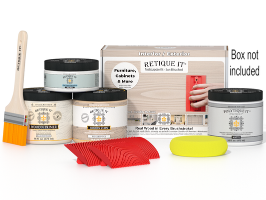 Retique It Wood'n Finish Kit with dark walnut stain, includes brushes and applicators, for wood finishing projects.