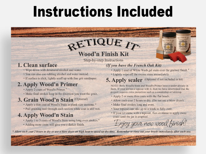 Retique It Wood'n Finish Kits instruction sheet with step-by-step front view and guidelines for wood finishing projects.