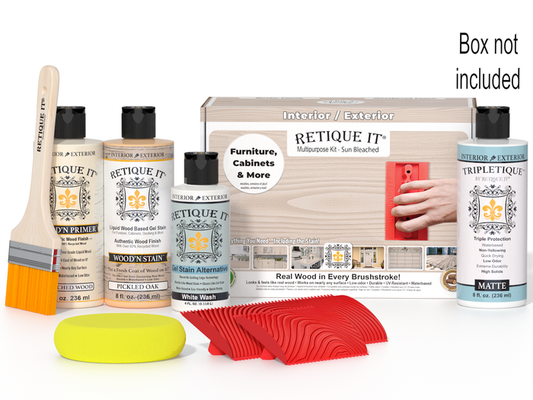 Retique It Wood'n Finish Kit in box with natural wood finish, includes sample swatches and application tools.