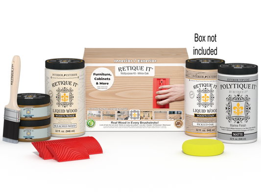 Retique It Wood'n Finish Kit in warm oak color, includes wood stain and finishing supplies for furniture restoration.