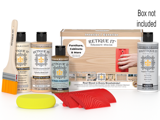 Retique It Wood'n Finish Kit in Oak, includes brushes and tools for wood finishing projects, shown in the box.