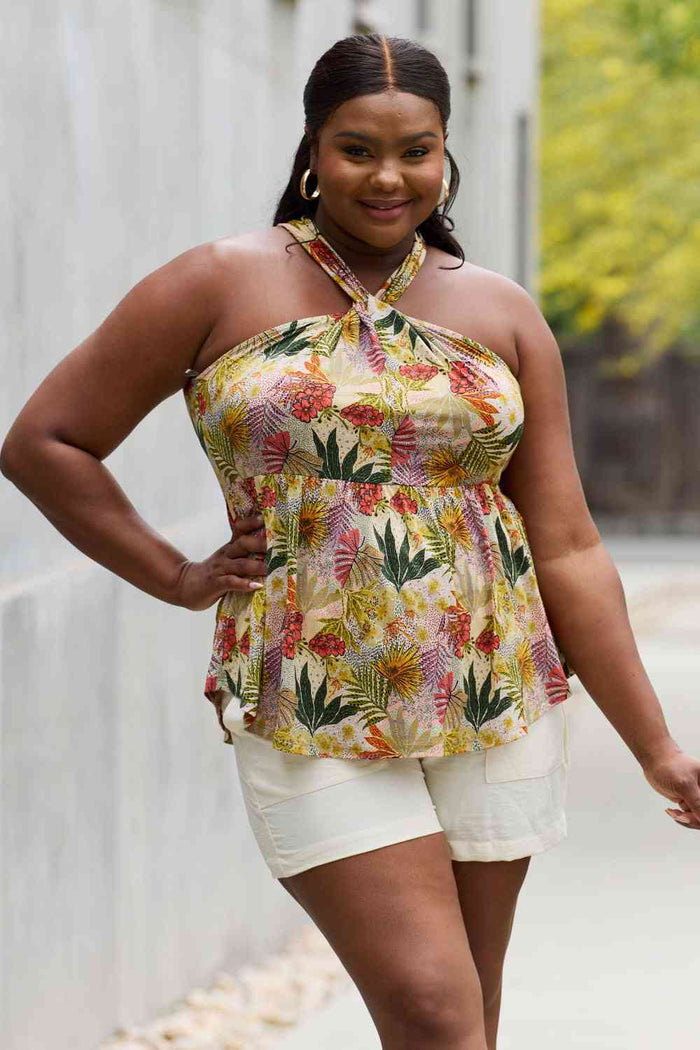 Women's Floral Halter Top - Vibrant Green, Full Size Fit