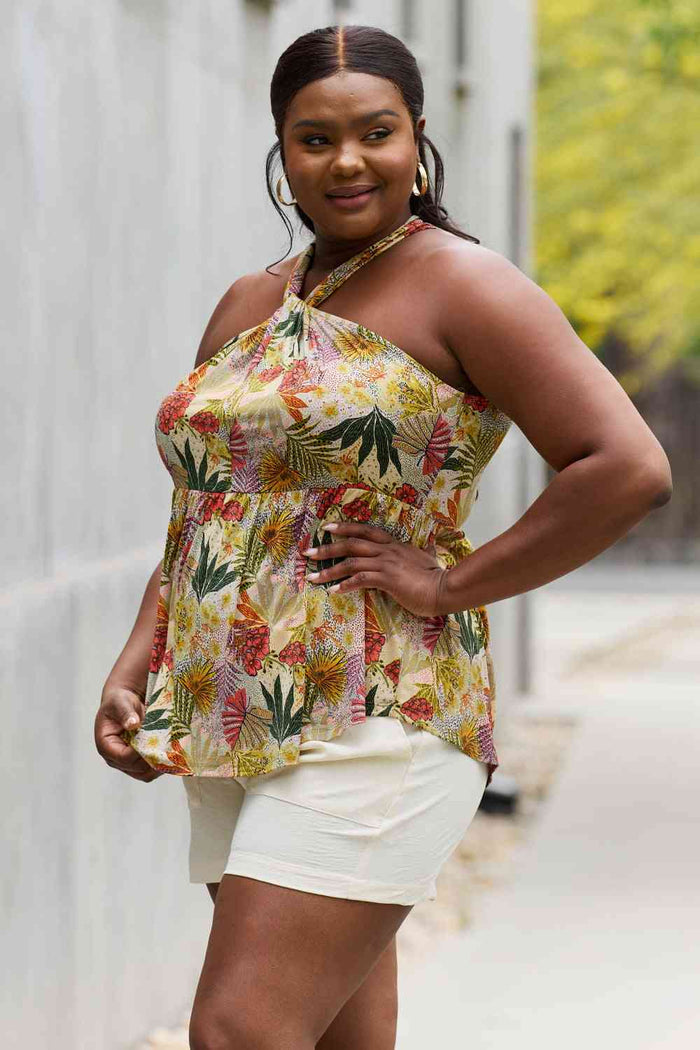 Women's Floral Halter Top - Vibrant Green, Full Size Fit