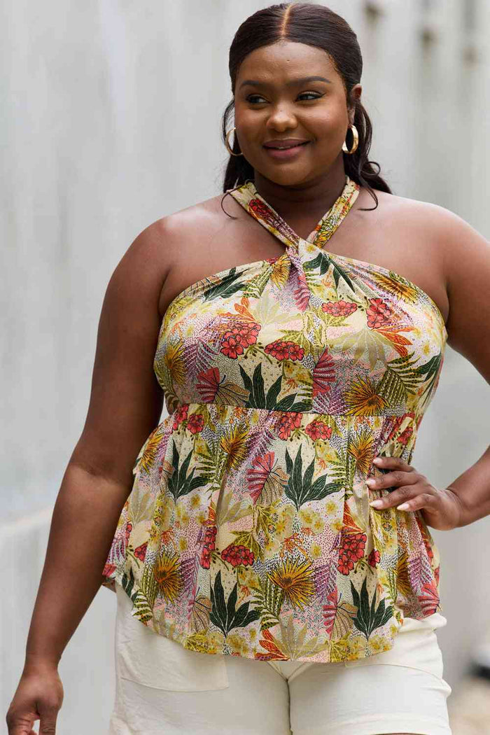 Women's Floral Halter Top - Vibrant Green, Full Size Fit
