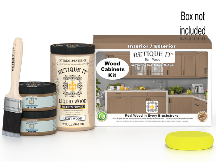 Retique It Wood'n Cabinet Kit with 12 smooth barn wood doors, stain finish, shown in a box for wood cabinet renovation.