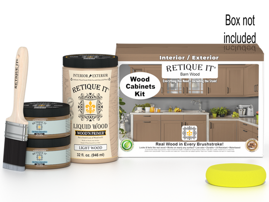 Retique It Wood'n Cabinet Kit with 12 smooth barn wood doors, stain finish, shown in a box for wood cabinet renovation.