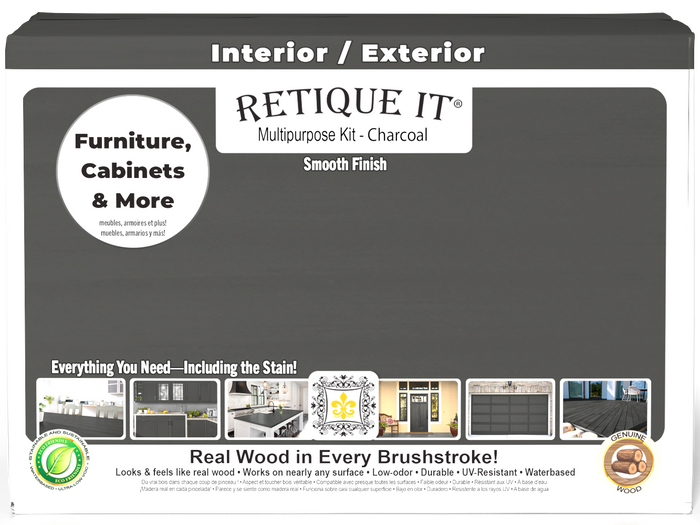 Retique It Wood'n Cabinet Kit with 12 smooth charcoal stained cabinet doors, designed for easy application and a sleek finish.