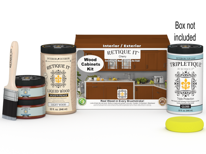 Retique It Wood'n Cabinet Kit in Cherry with 12 smooth doors, showing stain application on cabinet surfaces.