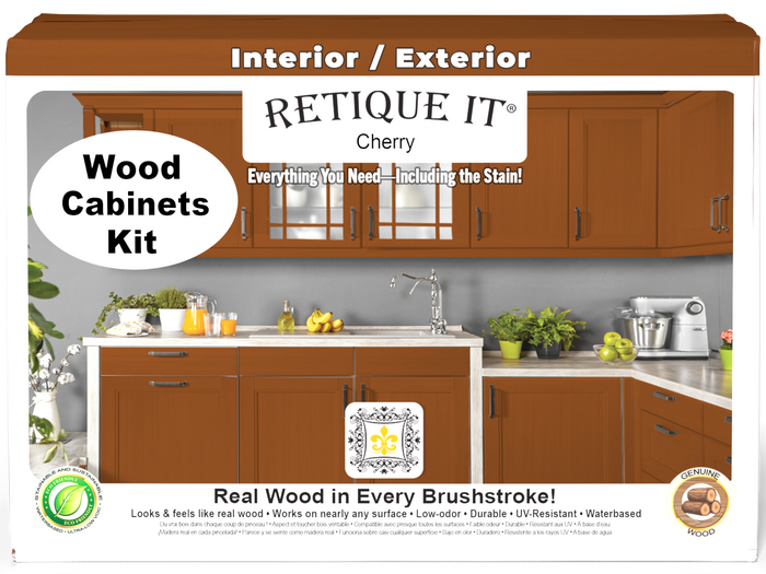 Front view of Wood'n Cabinet Kit with 12 smooth cherry stained cabinet doors by Retique It