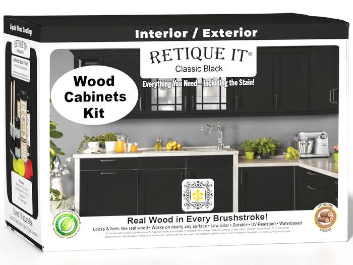 Retique It Wood'n Cabinet Kit with 12 smooth black cabinet doors, stain finish, designed for classic black kitchen cabinets.