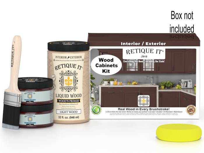 Retique It Wood'n Cabinet Kit with 12 smooth Java stain cabinet doors, showcasing natural wood finish and sleek design.