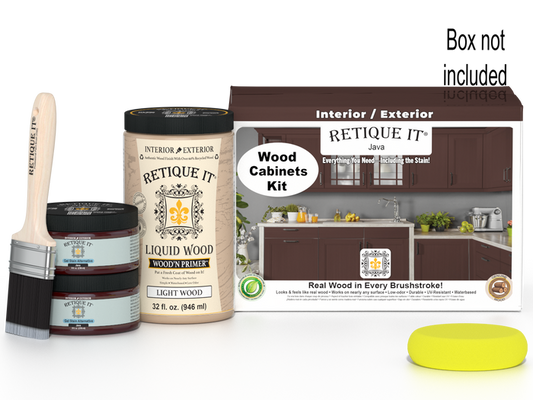 Retique It Wood'n Cabinet Kit with 12 smooth Java stain cabinet doors, showcasing natural wood finish and sleek design.