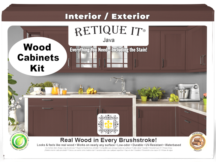 Front view of Retique It Wood'n Cabinet Kit with 12 smooth Java stain cabinet doors for kitchen or bathroom.