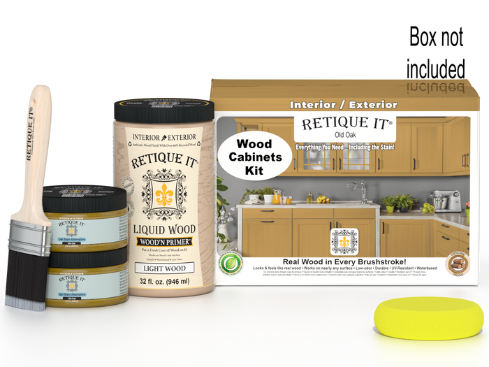 Retique It Wood'n Cabinet Kit with 12 smooth Old Oak stained cabinet doors, shown with packaging and tools.