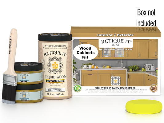 Retique It Wood'n Cabinet Kit with 12 smooth Old Oak stained cabinet doors, shown with packaging and tools.