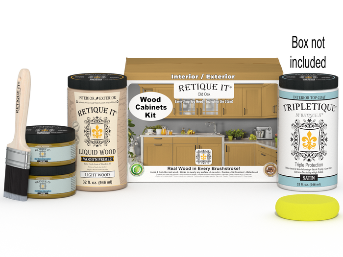 Retique It Wood'n Cabinet Kit with 12 smooth doors in Old Oak stain, shown with packaging and cabinet components.