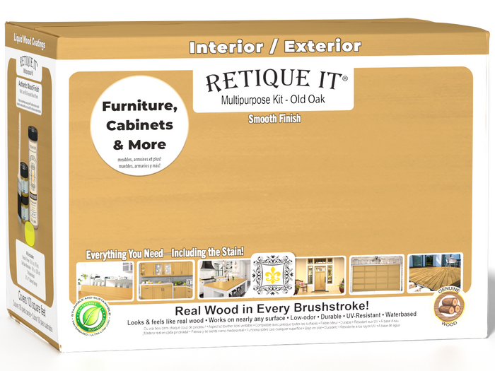 Retique It Wood'n Cabinet Kit with 12 smooth doors in Old Oak stain, ideal for updating kitchen cabinets or furniture.