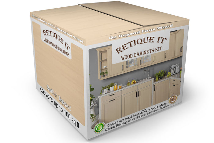 Retique It Wood'n Cabinet Kit with 12 smooth pecan stain doors, ideal for cabinet renovation and home improvement projects.