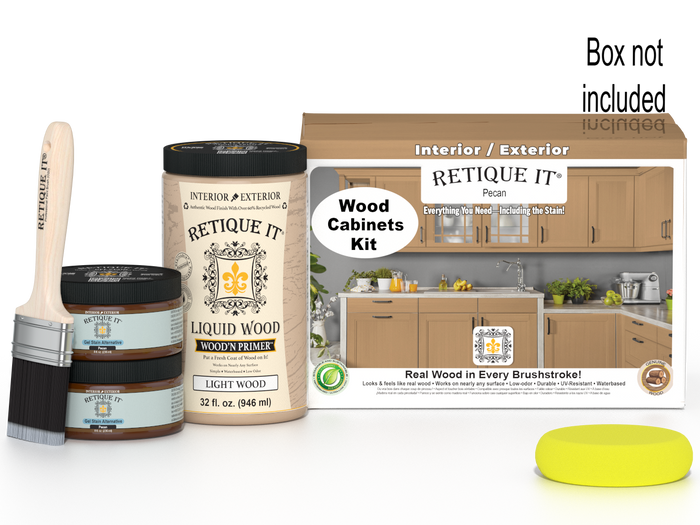 Retique It Wood'n Cabinet Kit in Pecan with 12 smooth doors for stained cabinet renovation, featuring natural wood finish.
