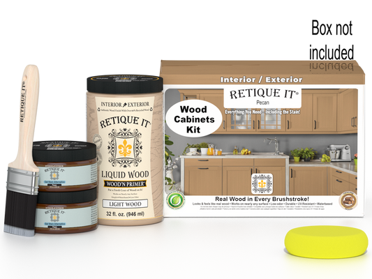 Retique It Wood'n Cabinet Kit in Pecan with 12 smooth doors for stained cabinet renovation, featuring natural wood finish.