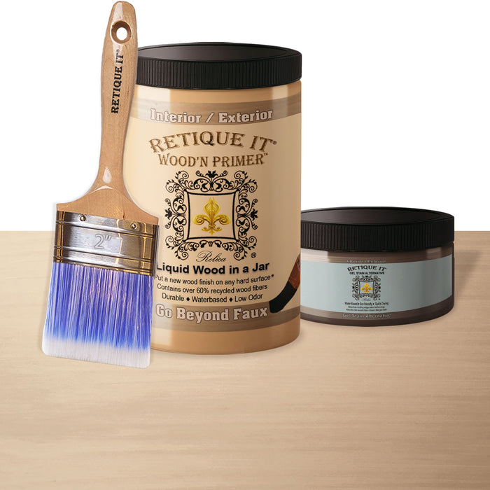 Retique It Wood'n Cabinet Kit in Pecan with 12 smooth doors, featuring stain and primer components for cabinetry finishing.