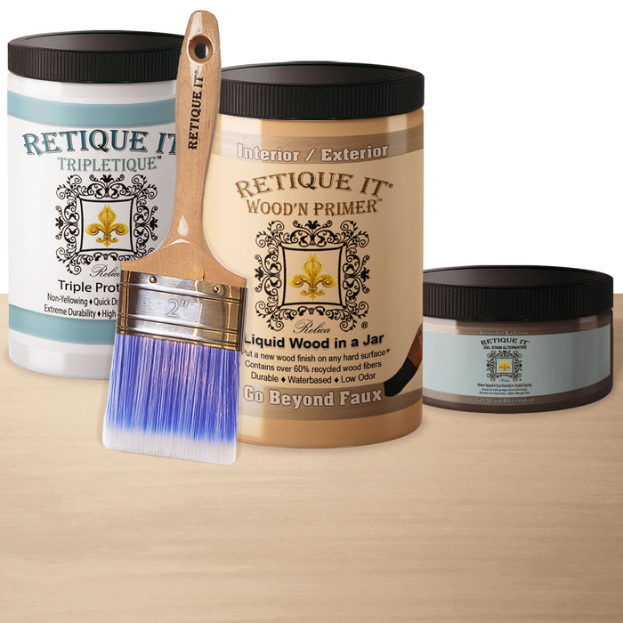Retique It Wood'n Cabinet Kit in Pecan with 12 smooth doors, featuring stain and primer gel for cabinetry finishing.