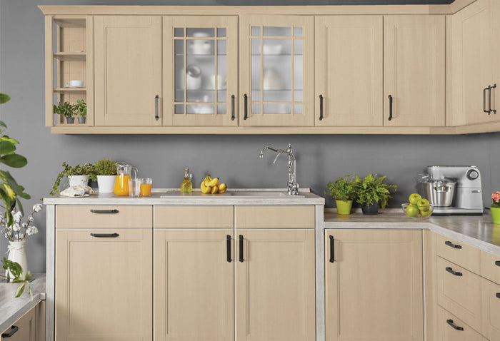 Retique It Wood'n Cabinet Kit with 12 smooth pecan-stained cabinet doors for kitchen renovation.
