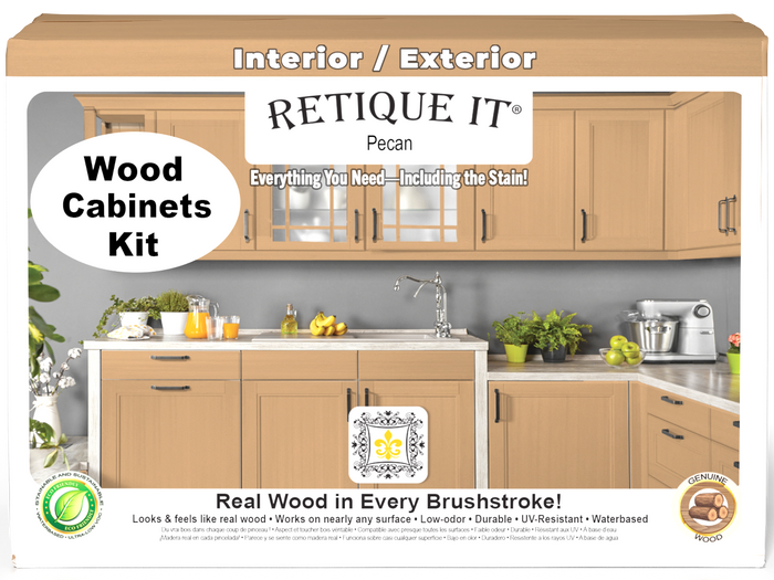 Retique It Wood'n Cabinet Kit with 12 smooth pecan stained cabinet doors, showcasing natural wood grain and finish.