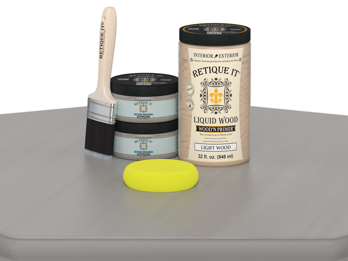 Weathered wood stain kit by Retique It for cabinets, featuring 12 smooth door panels with a weathered wood finish.