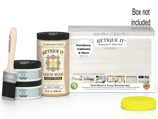 Retique It Wood'n Cabinet Kit with 12 smooth doors in white wash stain, designed for cabinet renovation and DIY projects.