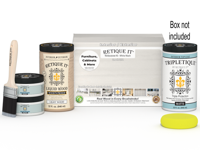 Retique It Wood'n Cabinet Kit with 12 smooth doors in white wash stain, ideal for kitchen or bathroom cabinetry.