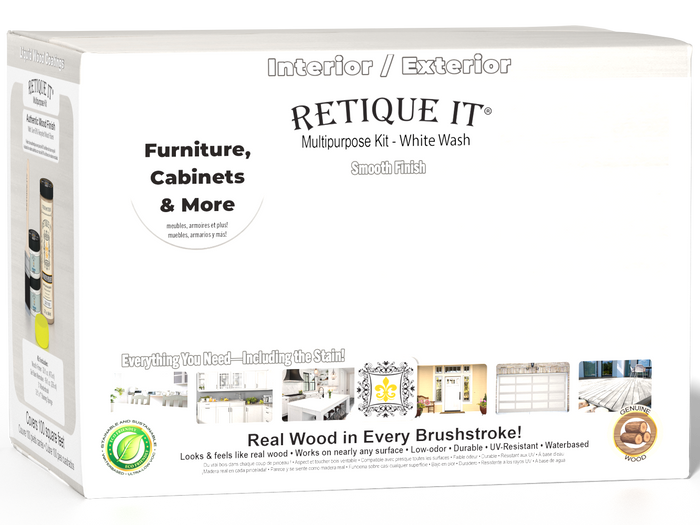 Retique It Wood'n Cabinet Kit with 12 smooth doors in white wash stain, designed for cabinet renovation and interior decor.