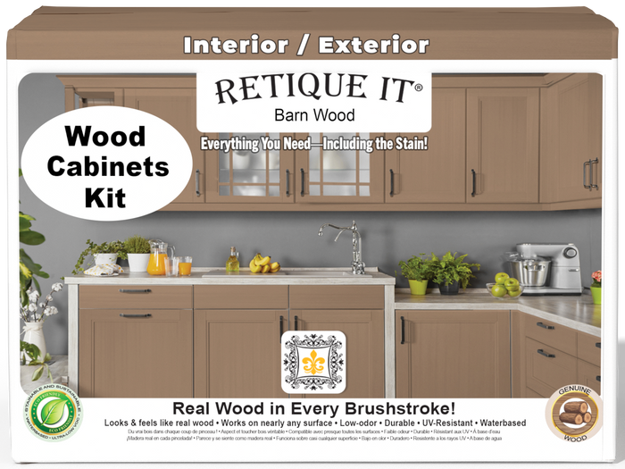 Retique It Wood'n Cabinet Kit with 24 barn wood doors, smooth finish, ideal for stain application, front view of cabinet doors.