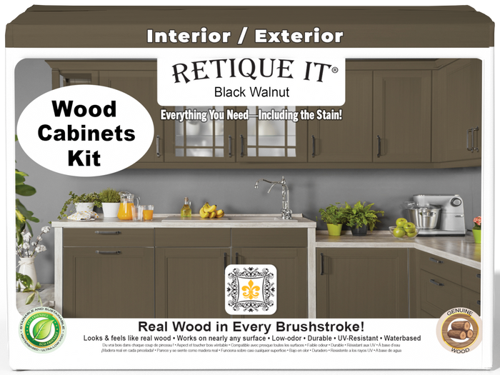 Front view of Retique It Wood'n Cabinet Kit with 24 black walnut stained cabinet doors, smooth finish, for kitchen or bathroom.